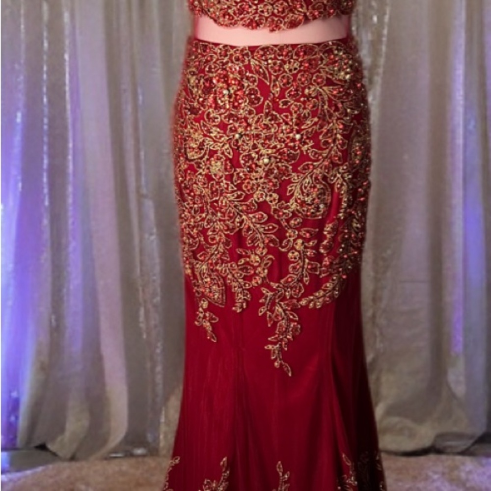 Elegant Red and Gold Embroidered Gown